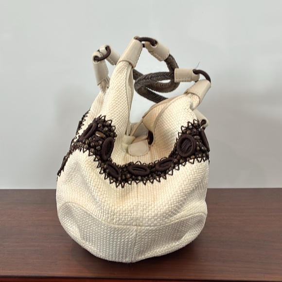 NWT COLE HAAN Alyssa Bead Ivory Straw Braided Satchel Handbag - Picture 3 of 10
